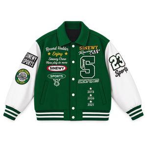 Veste de baseball pour homme SINEWY, verte, style universitaire, avec patchs brodés, col rabattu, coupe classique - Product Image 1