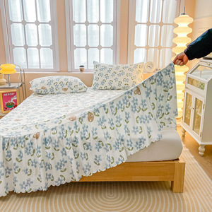 Bed Skirts Set <b>Double</b> Layer <b>Bedspread</b> Floral Printed Bed Sheet Bilateral Bed Skirt Bedsheet - Product Image 5