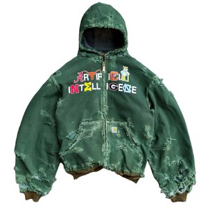 Unisex Distressed Hoodie mit Stickerei, Atmungsaktiv, Y2K Sonnengebleichter Vintage-Stil, Acid Wash, 100% Baumwolle, Grün, Größen M 2 für Herren - Product Image 1