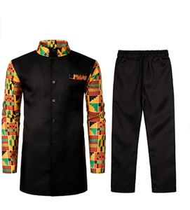 African Traditional Clothing For Men - Ankara Dashiki Outfit With Long Sleeve Shirt & Pants, Pure Cotton Wax Fabric, Custom Sizes XS-6XL