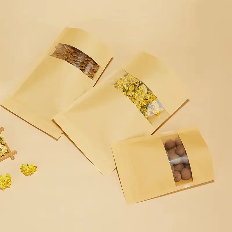 Bolsa de soporte de ventana transparente con estampado personalizado, bolsa de papel marrón Kraft con cremallera para embalaje de aperitivos, venta al por mayor
