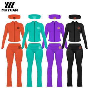 女性用快適なショートスキニーフレアパンツセット長袖ジッパージャケット通気性スパンデックス/コットンカジュアルレジャーウェア - Product Image 1