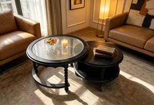Ensemble de tables basses gigognes noires avec plateau en verre cannelé et tiroir de rangement, style ferme, pour salon - Product Image 2