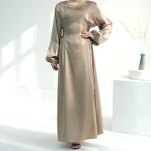 2024 Solid Color High-neck Lace-up Dress For Slimming Elegance Abaya Women Muslim Dress