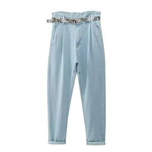 جينز Taoop & ZA الربيع موضة جديدة للنساء مع حزام حقيبة ورقية نمط فضفاض قدم صغيرة غير رسمي جينز أزرق فاتح