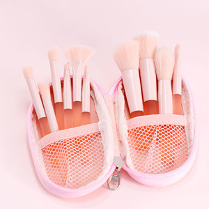 Lot de pinceaux de maquillage en nylon haute densité, manche en plastique transparent rose, sac rose avec fermeture éclair, pour salon de beauté - Product Image 2