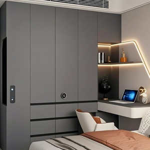 Customizable Minimalist Modern Wood <b>Bedroom</b> Set with Wardrobe and <b>Desk</b> Featuring Storage <b>for</b> Apartment - Product Image 4