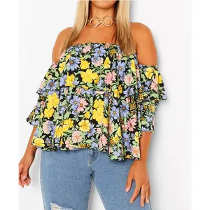 Sommer schöne sexy bedruckte Bluse Top Frauen sowie gewebte Rüschen Blumen schulter frei Top