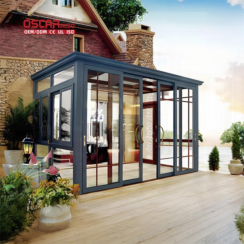 Grey Aluminium Gable Glass House Winter Garden Casement Windows Door Outdoor Patio Backyard Garden Furniture Sunroom
