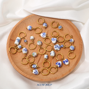 Pendientes de Porcelana Pintados a Mano |   Pendientes de Aro de Acero Inoxidable con Baño de Oro PVD de 18K y Cuentas de Cerámica |   Impermeable, Hipoalergénico y Duradero - Product Image 2