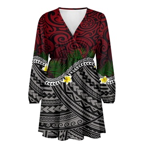 Tùy Chỉnh Mini Dress Cho Phụ Nữ Ngọt Ngào Polynesian Phong Cách Flowy Mùa Hè Các Tính NĂNG V Cổ Dài Nông dân Tay Áo Co Giãn Tự Nhiên Mini Dress - Product Image 1