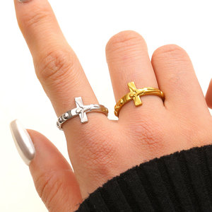Bague ouverte réglable en acier inoxydable 316L, motif croix de Jésus, or et argent, pour hommes et femmes, bijoux religieux quotidiens, vente en gros - Product Image 3