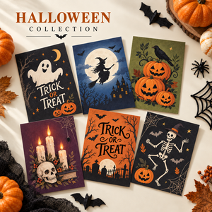 Biglietti d'auguri di Halloween con stampa fronte-retro: Carte con zucca, fantasma, scheletro, strega e 'Trick or Treat' per regali e decorazioni di Halloween - Product Image 2