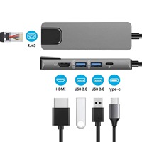 Station d'accueil 5-en-1 DX-7-Type-C avec carte réseau, hub USB 3.0, adaptateur d'affichage 4K - En stock