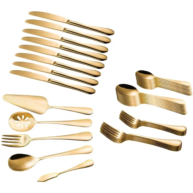 ชุดช้อนส้อมทองสแตนเลสสตีลทองบริการช้อนส้อมมีดเครื่องเงินเสิร์ฟชุด Flatware งานแต่งงานทองคํา