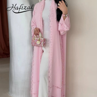 Abaya de luxe rose Hafizah, Kaftan de Dubaï, robe longue élégante à bords dentelés, Kimono ouvert pour femmes musulmanes modestes