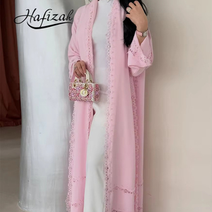 Abaya de luxe rose Hafizah, Kaftan de Dubaï, <span class=keywords><strong>robe</strong></span> longue élégante à bords dentelés, Kimono ouvert pour femmes musulmanes modestes - Product Image 1