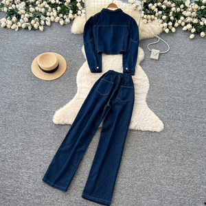 Conjunto de Mezclilla Casual de Otoño para Mujer, Chaqueta Corta con Cuello y Pantalones Anchos de Cintura Alta, Conjunto de Dos Piezas - Product Image 4