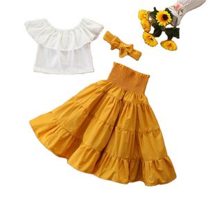 เสื้อผ้าเด็กขายส่งราคาพิเศษ ชุดเสื้อยืดสีขาวเรียบและเดรสยาวสีเหลืองสไตล์ใหม่ - Product Image 1