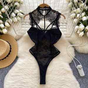 Mono sexy con cuello en V y corte ajustado para mujer, body de encaje con cintura alta y aberturas, monos sexys para mujer al por mayor - Product Image 4
