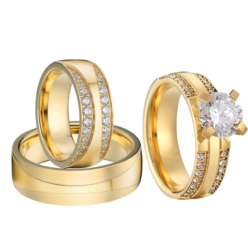 Janji Pernikahan Pasangan Cz Moissanite Cincin Berlian, Set Cincin Pertunangan Baja Tahan Karat Berlapis Emas 18K