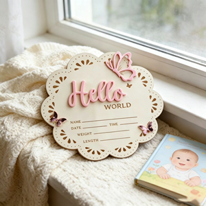 Plaque <span class=keywords><strong>de</strong></span> bienvenue personnalisée en <span class=keywords><strong>bois</strong></span> gravé, carte <span class=keywords><strong>de</strong></span> jalons <span class=keywords><strong>de</strong></span> développement pour bébé, panneau d'annonce <span class=keywords><strong>de</strong></span> naissance « Hello World » - Product Image 1
