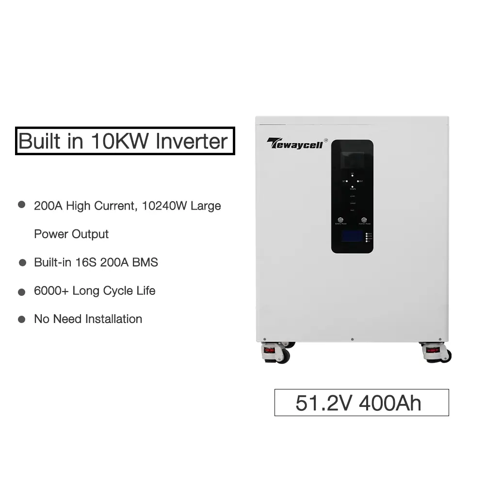 Tewaycell 10KW invertör inşa 51.2V 400Ah lityum 20KWH pil mobil güneş enerjisi depolama sistemi hepsi bir güç duvar