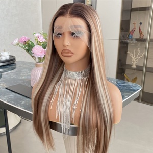 Perruque à dentelle frontale synthétique transparente de bonne qualité à bas prix, durable, 13X4, longue, naturelle, droite, 22 pouces, blond miel - Product Image 1