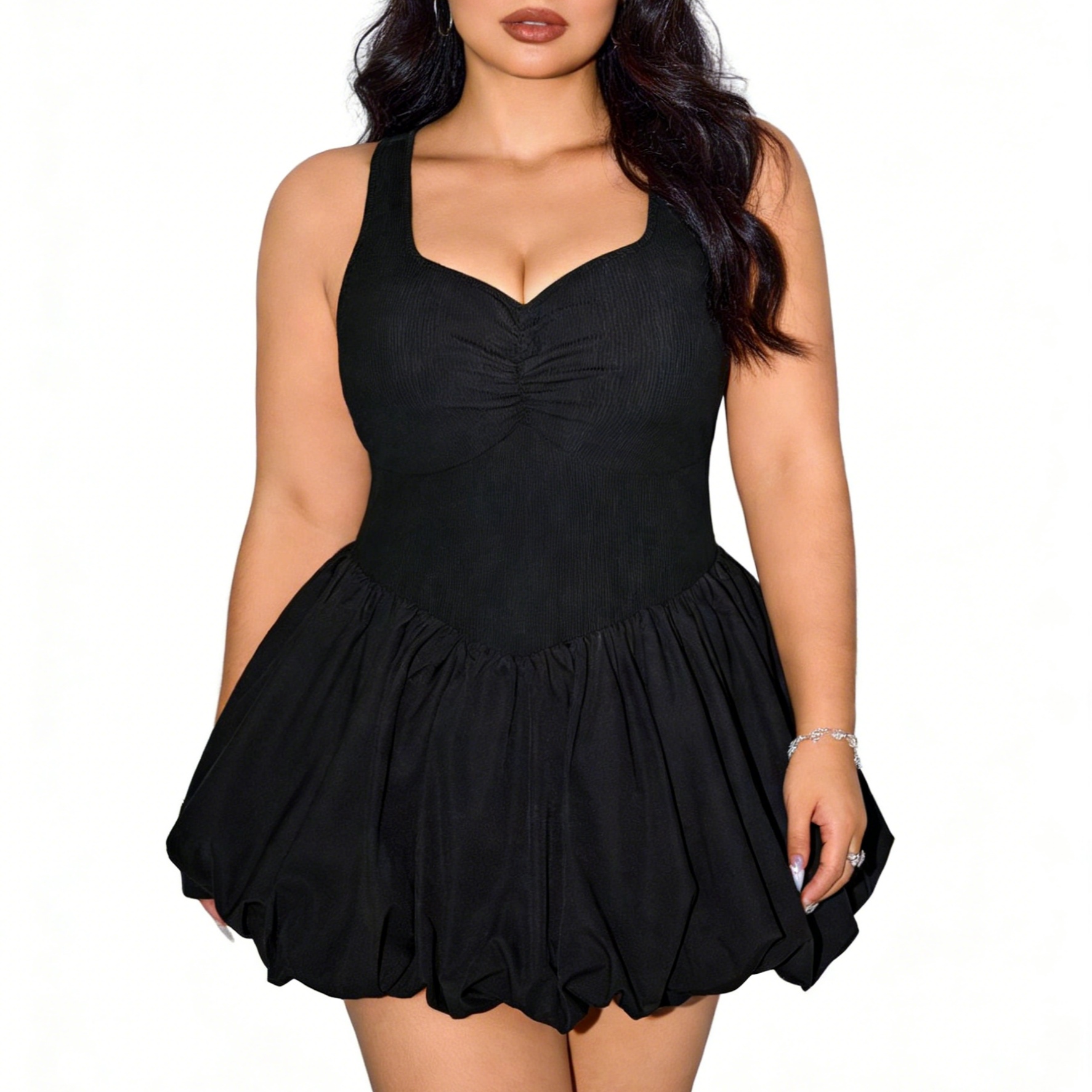 Plus Size Women's Ruched Bust Bubble Hem Mini Dress Sleeveless Sweetheart Neck Party Dresses Sehe Fashion