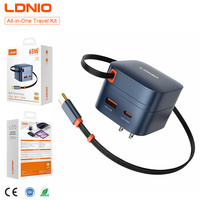 Cargador Rápido LDNIO Q10 65W GaN con Cable Retráctil de 80cm, Enchufe US EU UK, PPS Multiprotocolo para Laptops, Teléfonos, Tabletas, Cargador de Viaje