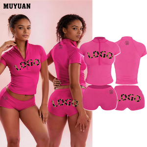 Conjunto de dos piezas para <span class=keywords><strong>mujer</strong></span> con cremallera, chaqueta corta de manga corta y shorts de cintura alta, ideal para verano, ajustado, para descansar, con logo personalizado. - Product Image 1