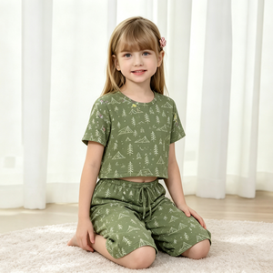 Conjunto de Pijama Estampado Verde para Niña, Ropa de Dormir de Viscosa de Manga Corta, Conjunto de 2 Piezas Personalizado para Niños, Ropa de Estar por Casa para Niños, Marcas de Pijamas - Product Image 3
