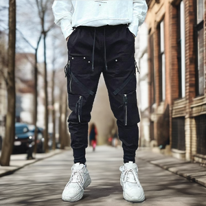 Pantalones Deportivos Negros para Hombre, Cintura Elástica con Cordón, Múltiples Bolsillos, Estilo Urbano, Joggers de Poliéster de Peso Medio, Ropa de Otoño - Product Image 2