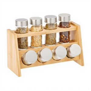 Étagère à épices moderne multifonctionnelle à 2 niveaux en bambou et bois, support de rangement pour comptoir de cuisine, 8 bocaux en verre hermétiques - Product Image 2