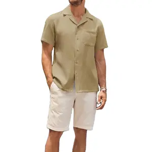 休闲夏季华夫饼衬衫格子图案针织单排扣闭合短纽扣袖口袋男式衬衫
