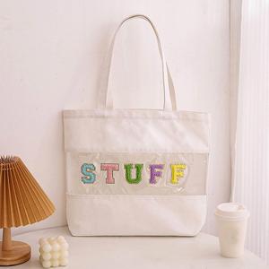 Bolsa de Compras de Lona de Algodón con Letras Bordadas Personalizadas, Bolsa de Mano de Lona Transparente de PVC - Product Image 3