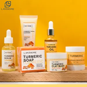 Juego de cuidado de la piel de cúrcuma, personalizado, antiacné, manchas oscuras, jabón blanqueador, suero, crema exfoliante, limpiador, juego de cuidado de la piel facial (nuevo) Natural