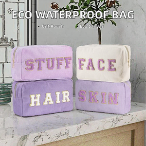 Corduroy Cosmetic <b>Bag</b> Set With Letter Embroidery Zipper Closure For Face Hair Skin Stuff Storage Organizing Makeup Accessories - Product Image 2