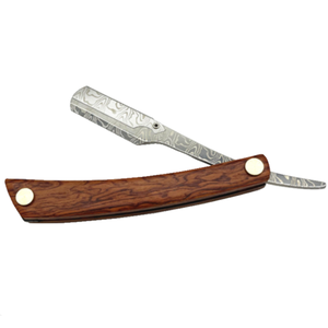 Wooden handle single blade razor with damascus pattern