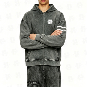 Nueva sudadera con capucha para hombre, elegante, de felpa gruesa, estilo francés, con efecto desgastado, bordado 3D personalizado, hombros caídos, lavado ácido, con cierre de cremallera. - Product Image 3