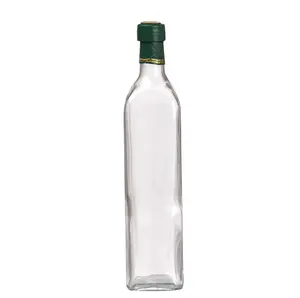 Wholesale square olive oil bottle clear bouteille vide pour huile d olive empty oil olive glass bottle with aluminum green cap