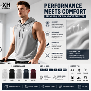 XH CUSTOM Men's Sleeveless Hooded Tank Top O-Neck Quick Dry Sporty Style Front Logo Print Black Knitted Polyester - Product Image 2
