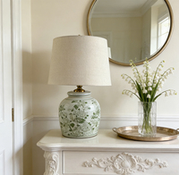 Lampe en céramique verte celadon orientale, motif d'oiseau peint à la main et accent doré pour salon/bureau, lampe de table chinoise à motif d'oiseau et de fleurs