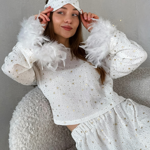 QINSI, ropa de dormir de algodón con plumas de Invierno para mujer, pantalones cortos de manga larga de lujo, conjunto de 2 piezas, pijamas para mujer, conjunto de ropa de dormir suave para mujer - Product Image 5
