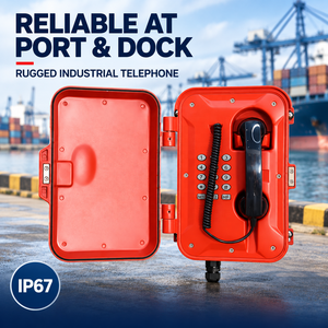 Téléphone industriel robuste rouge à clavier complet intégré, IP67, pour extérieur, montage mural, SIP, IP, analogique, fibre optique, pour port et quai - Product Image 1