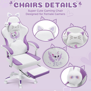 Silla Gamer Económica con Diseño de Gato Adorable y Función de Masaje - Silla Ergonómica de Cuero PU Lila y Blanco para Chicas Adolescentes - Product Image 4