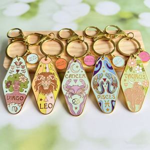 Porte-clés émaillé 12 Constellations Zodiaque, plaqué or, style bohème, astrologie, <span class=keywords><strong>horoscope</strong></span>, souvenir, cadeau, forme hôtel, signe astrologique - Product Image 1