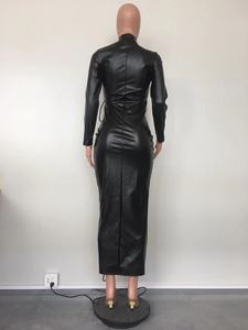 Sonbahar kış Bodycon çekici uzun kollu kravat up delik Faux deri kaplumbağa yaka Maxi seksi parti elbiseler - Product Image 6