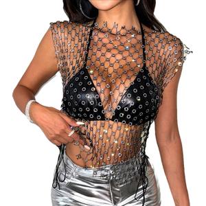 Abbigliamento da donna nuovo arrivo <span class=keywords><strong>canottiera</strong></span> in strass a rete con fiore personalizzato Top sexy gilet elasticizzato da ragazza canotta corta - Product Image 2