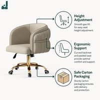 Chaise de bureau moderne à dossier moyen en cuir beige avec surpiqûres verticales et base plaquée or, pivotante, pour espace de réception